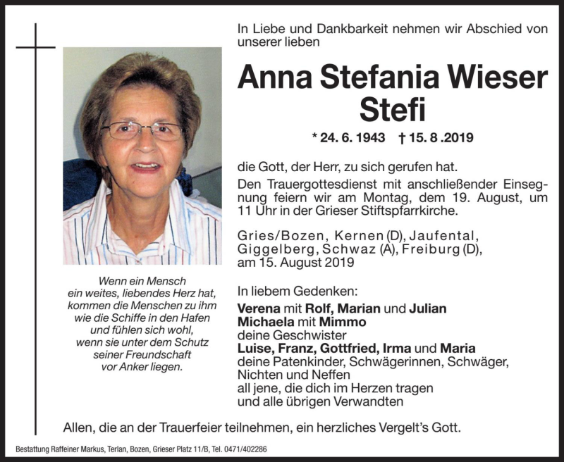  Traueranzeige für Anna Stefania Wieser vom 17.08.2019 aus Dolomiten