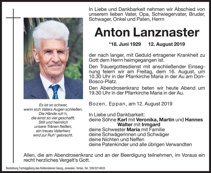  Traueranzeige für Anton Lanznaster vom 14.08.2019 aus Dolomiten