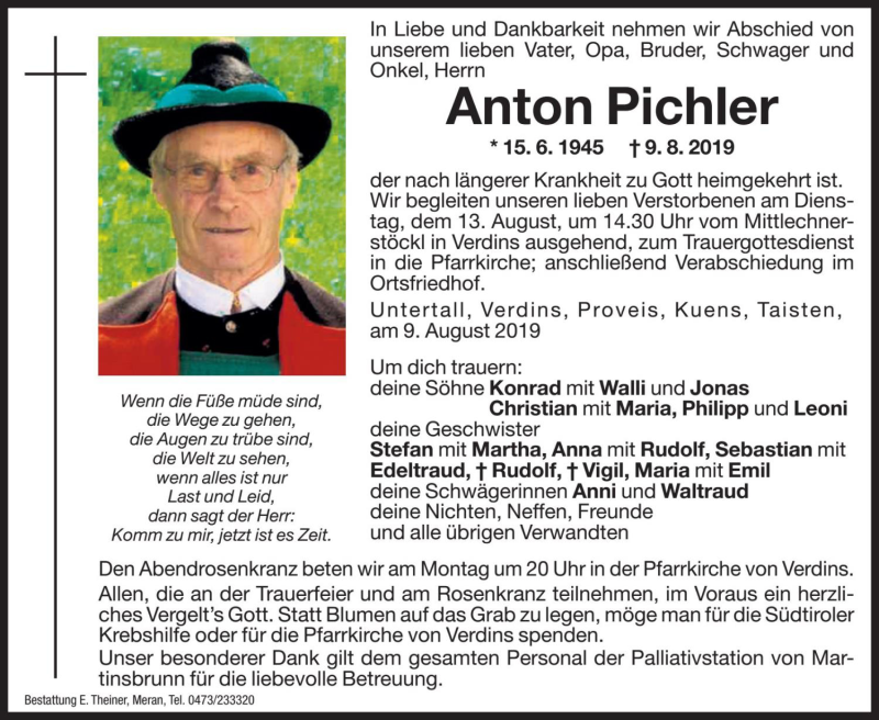  Traueranzeige für Anton Pichler vom 12.08.2019 aus Dolomiten