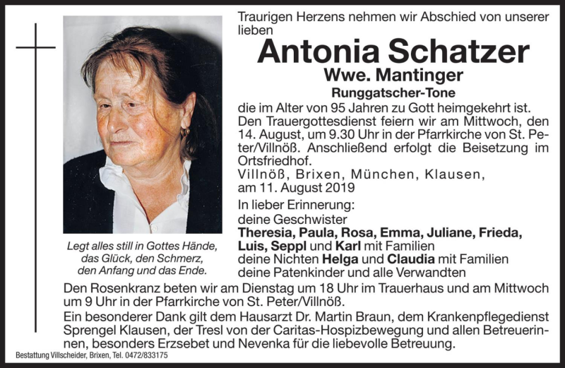  Traueranzeige für Antonia Mantinger vom 13.08.2019 aus Dolomiten