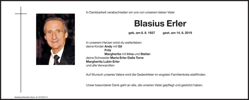 Traueranzeige für Blasius Erler vom 17.08.2019 aus Dolomiten