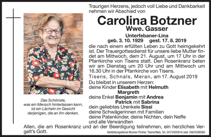 Traueranzeige für Carolina Gasser vom 19.08.2019 aus Dolomiten