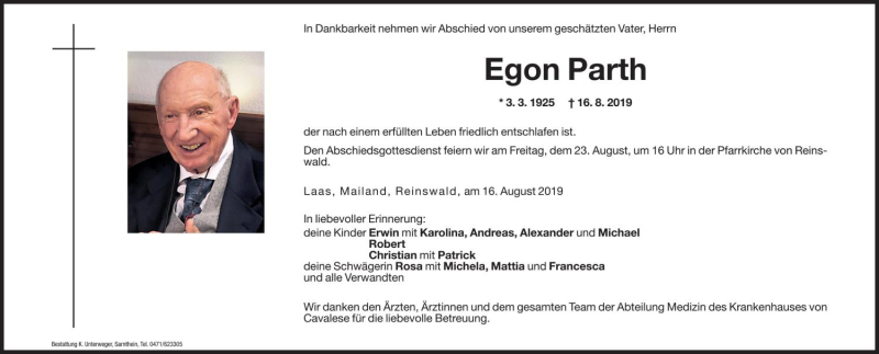  Traueranzeige für Egon Parth vom 20.08.2019 aus Dolomiten