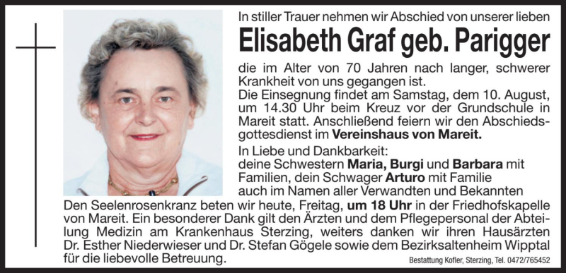  Traueranzeige für Elisabeth Graf vom 09.08.2019 aus Dolomiten