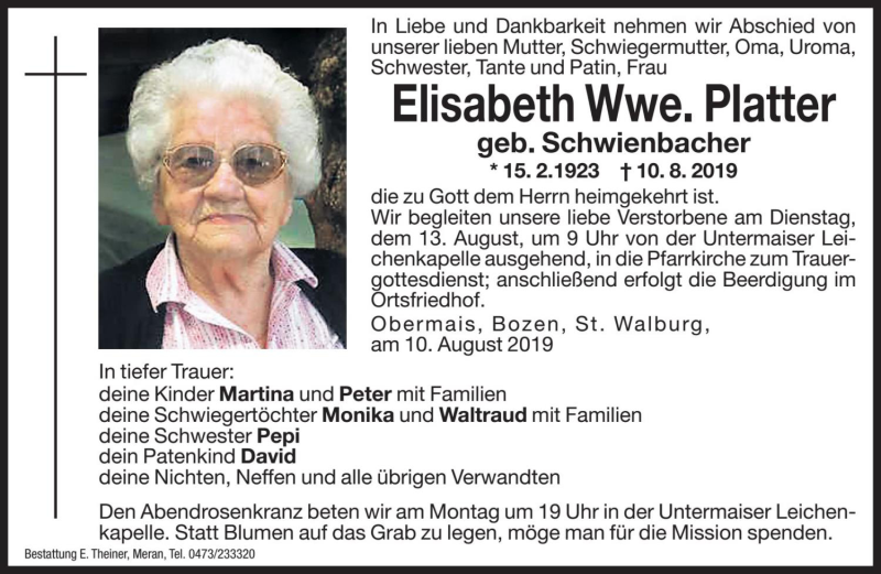  Traueranzeige für Elisabeth Platter vom 12.08.2019 aus Dolomiten