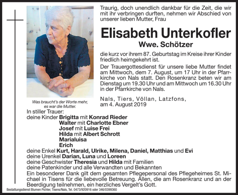  Traueranzeige für Elisabeth Schötzer vom 05.08.2019 aus Dolomiten