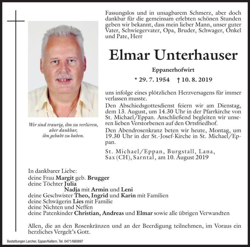  Traueranzeige für Elmar Unterhauser vom 12.08.2019 aus Dolomiten