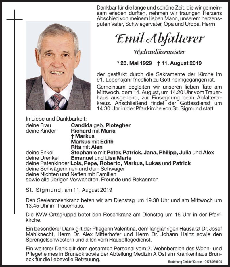  Traueranzeige für Emil Abfalterer vom 13.08.2019 aus Dolomiten