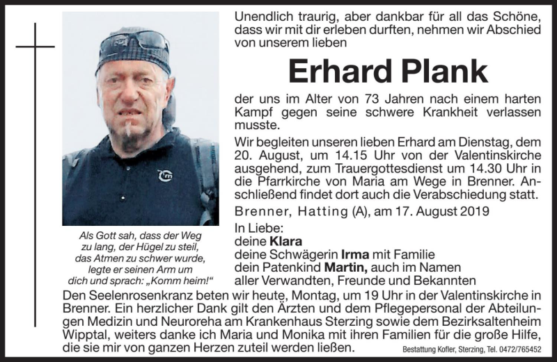  Traueranzeige für Erhard Plank vom 19.08.2019 aus Dolomiten