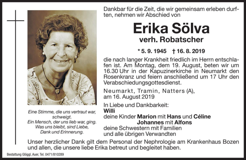  Traueranzeige für Erika Robatscher vom 19.08.2019 aus Dolomiten