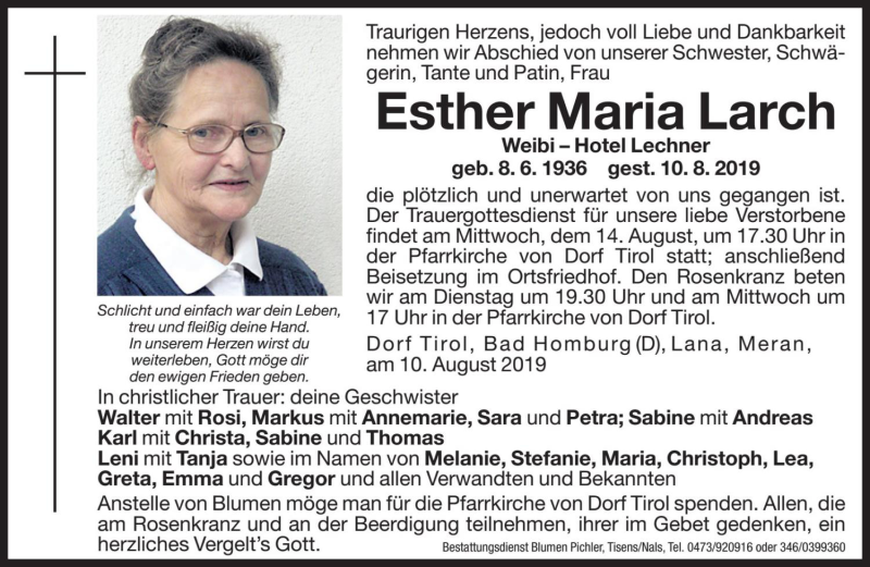  Traueranzeige für Esther Maria Larch vom 13.08.2019 aus Dolomiten