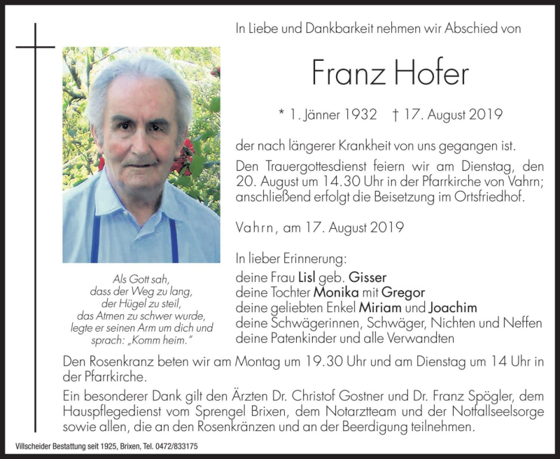  Traueranzeige für Franz Hofer vom 19.08.2019 aus Dolomiten