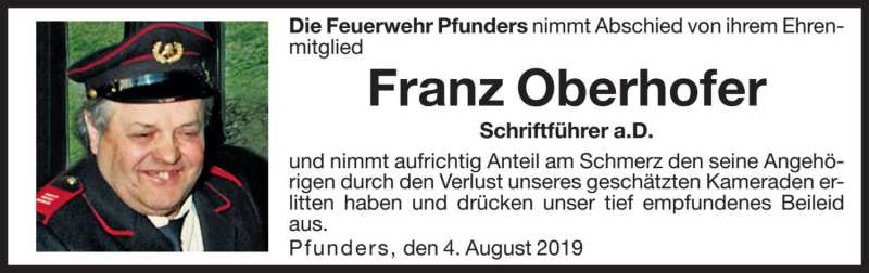  Traueranzeige für Franz Oberhofer vom 06.08.2019 aus Dolomiten
