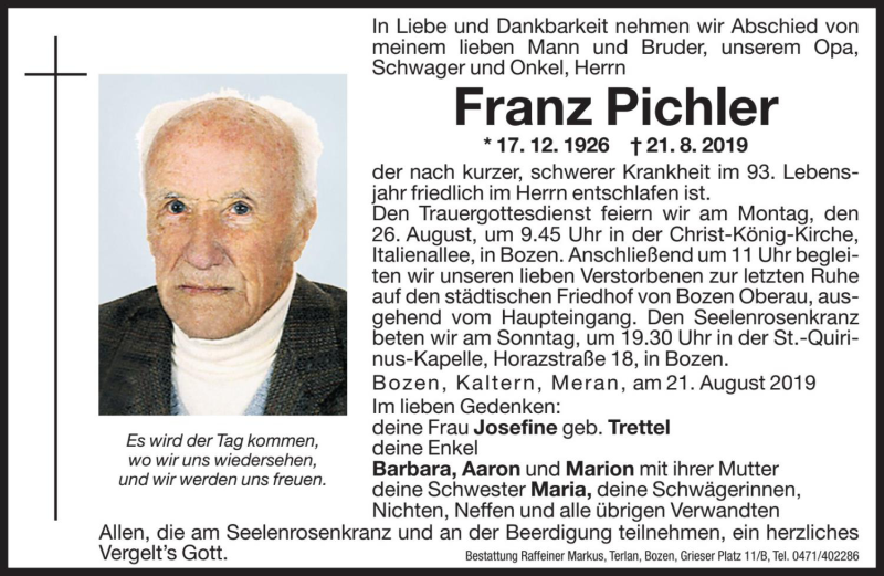  Traueranzeige für Franz Pichler vom 23.08.2019 aus Dolomiten
