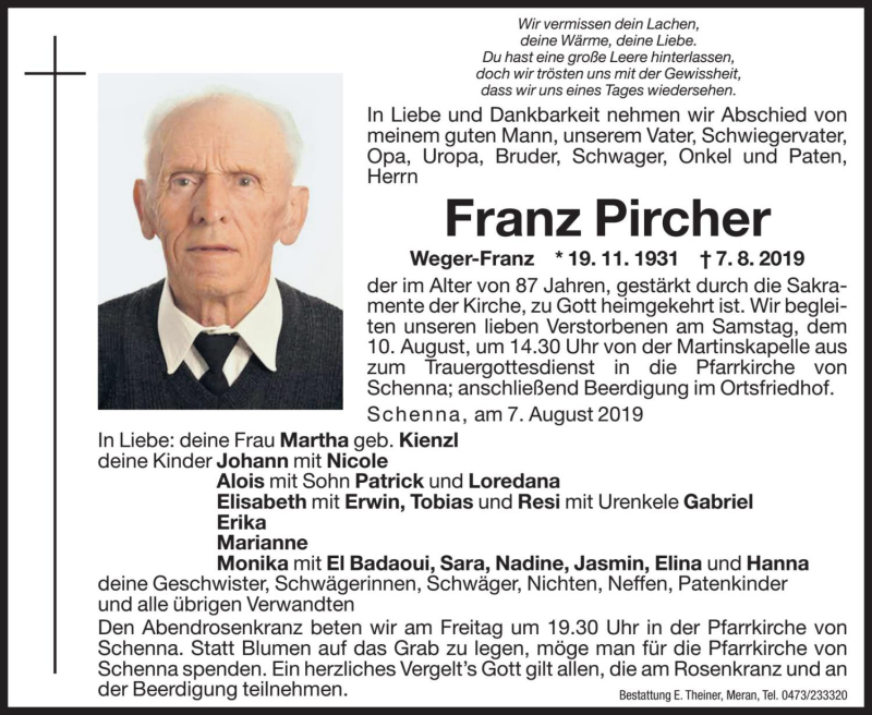  Traueranzeige für Franz Pircher vom 08.08.2019 aus Dolomiten