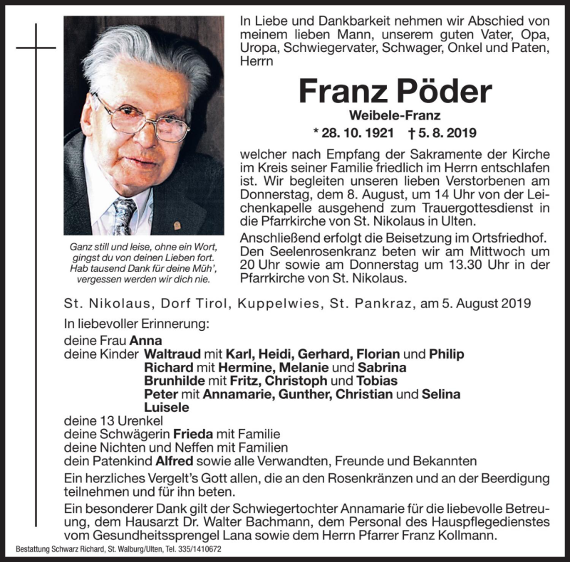  Traueranzeige für Franz Pöder  vom 07.08.2019 aus Dolomiten