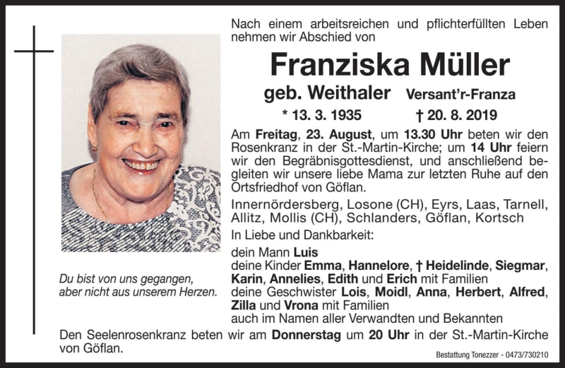 Traueranzeige für Franziska Müller vom 22.08.2019 aus Dolomiten