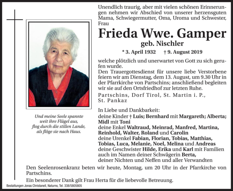  Traueranzeige für Frieda Gamper vom 12.08.2019 aus Dolomiten
