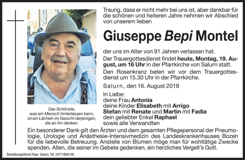  Traueranzeige für Giuseppe Montel vom 19.08.2019 aus Dolomiten