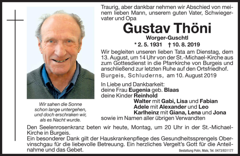  Traueranzeige für Gustav Thöni vom 12.08.2019 aus Dolomiten