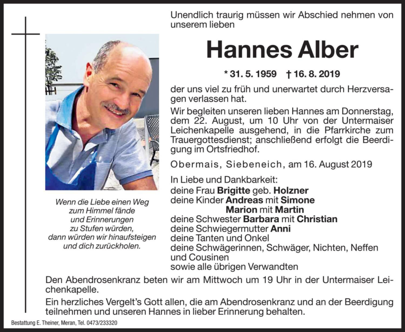  Traueranzeige für Hannes Alber vom 20.08.2019 aus Dolomiten