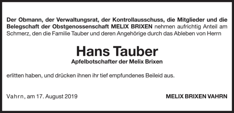  Traueranzeige für Hans Tauber vom 17.08.2019 aus Dolomiten