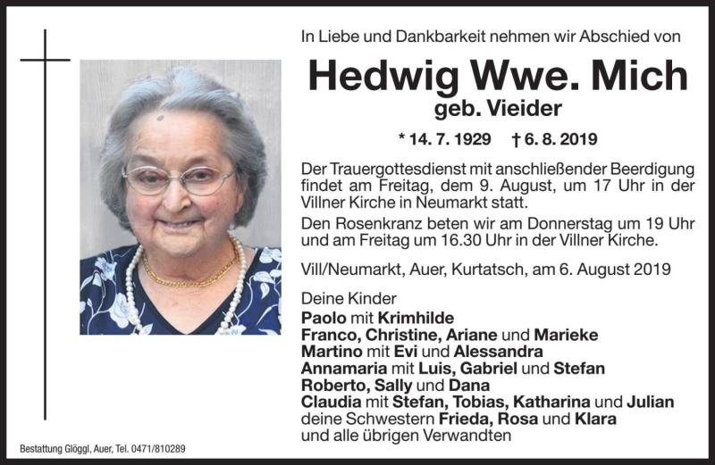  Traueranzeige für Hedwig Mich vom 08.08.2019 aus Dolomiten