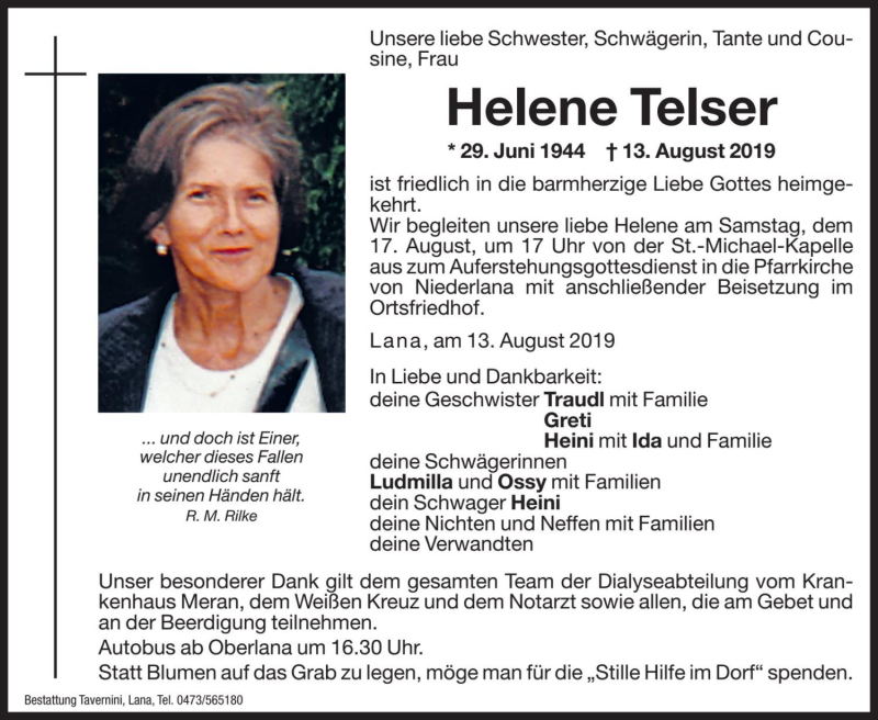  Traueranzeige für Helene Telser vom 17.08.2019 aus Dolomiten