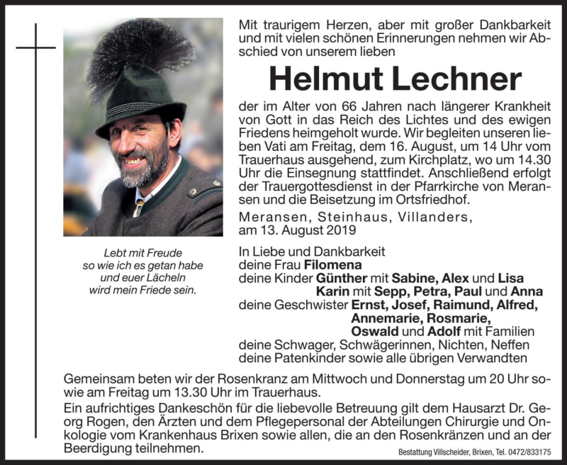  Traueranzeige für Helmut Lechner vom 14.08.2019 aus Dolomiten