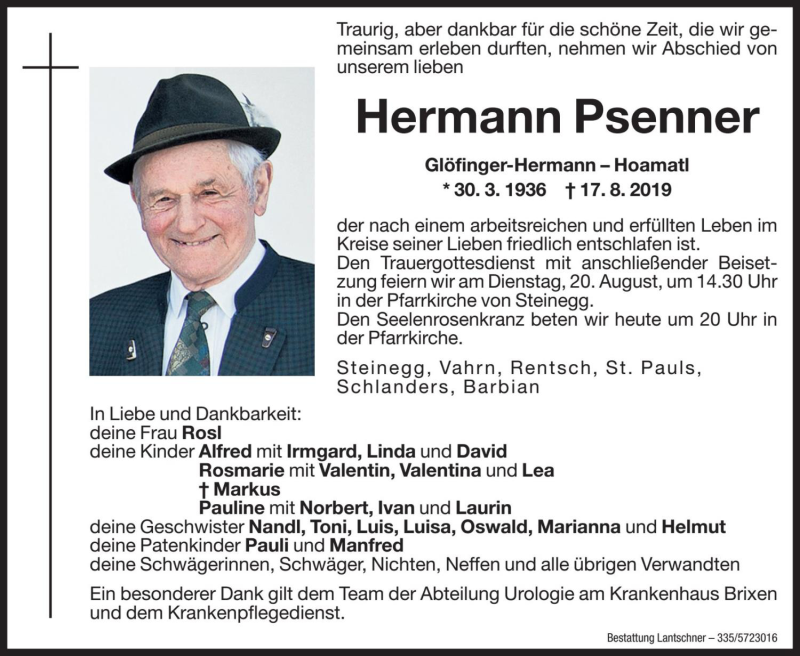  Traueranzeige für Hermann Psenner vom 19.08.2019 aus Dolomiten
