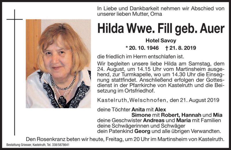  Traueranzeige für Hilda Fill vom 23.08.2019 aus Dolomiten