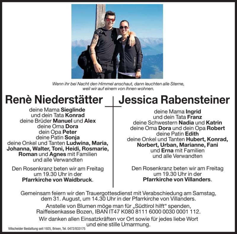  Traueranzeige für Jessica Rabensteiner vom 30.08.2019 aus Dolomiten