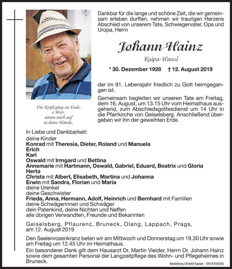  Traueranzeige für Johann Hainz vom 14.08.2019 aus Dolomiten