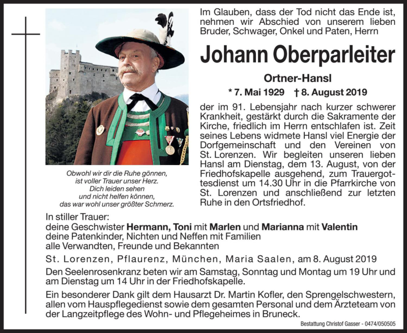  Traueranzeige für Johann Oberparleiter vom 10.08.2019 aus Dolomiten