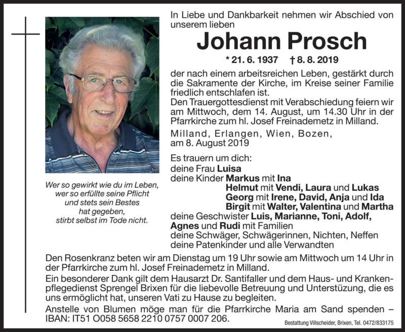  Traueranzeige für Johann Prosch vom 12.08.2019 aus Dolomiten