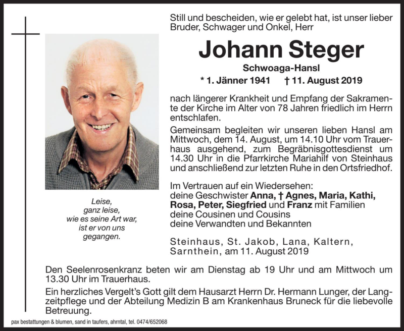  Traueranzeige für Johann Steger vom 13.08.2019 aus Dolomiten