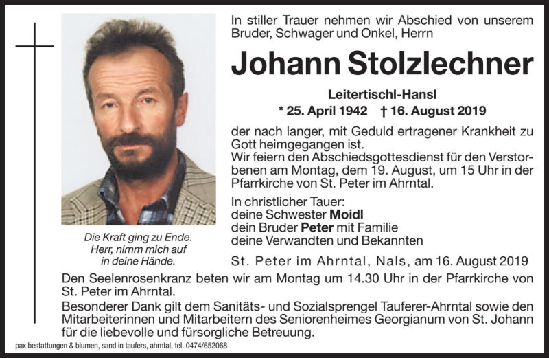  Traueranzeige für Johann Stolzlechner vom 19.08.2019 aus Dolomiten