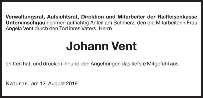  Traueranzeige für Johann Vent vom 12.08.2019 aus Dolomiten