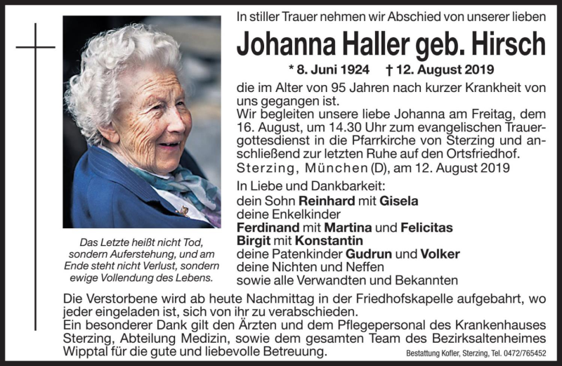 Traueranzeige für Johanna Haller vom 14.08.2019 aus Dolomiten