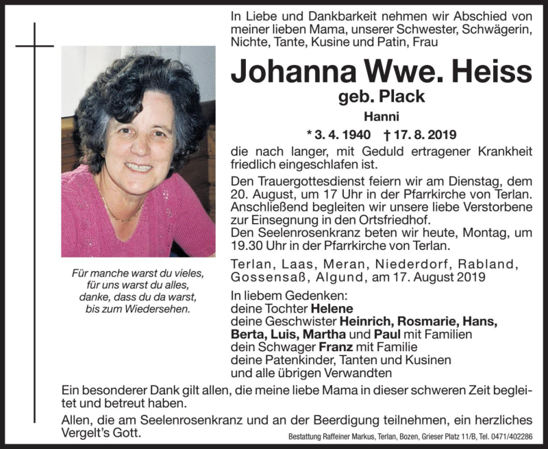  Traueranzeige für Johanna Heiss vom 19.08.2019 aus Dolomiten