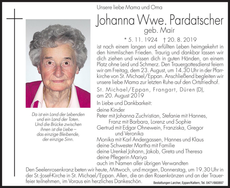  Traueranzeige für Johanna Pardatscher vom 21.08.2019 aus Dolomiten