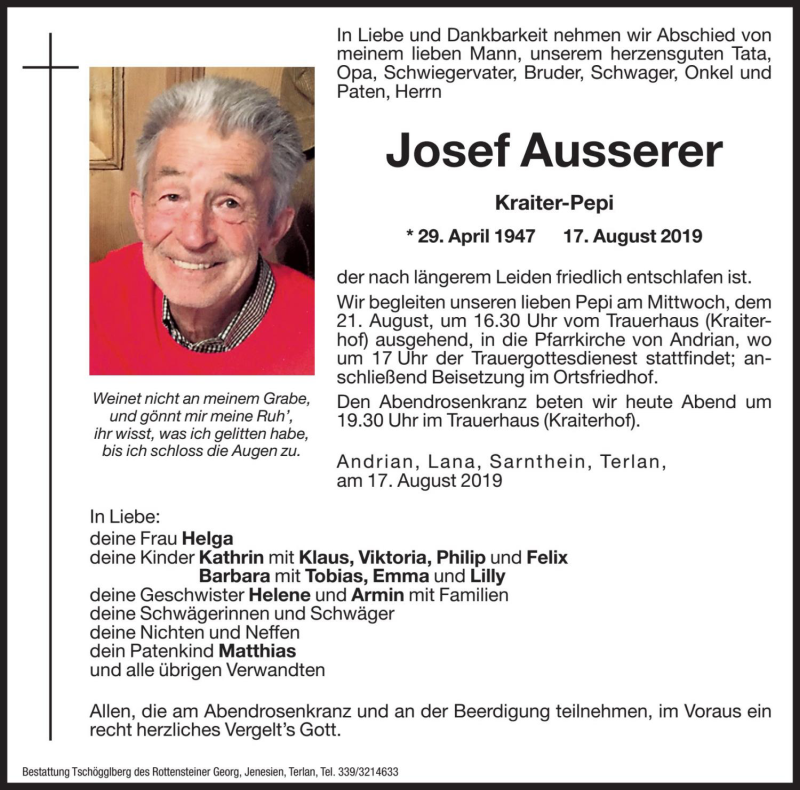  Traueranzeige für Josef Ausserer vom 20.08.2019 aus Dolomiten