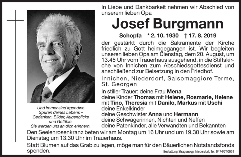  Traueranzeige für Josef Burgmann vom 19.08.2019 aus Dolomiten