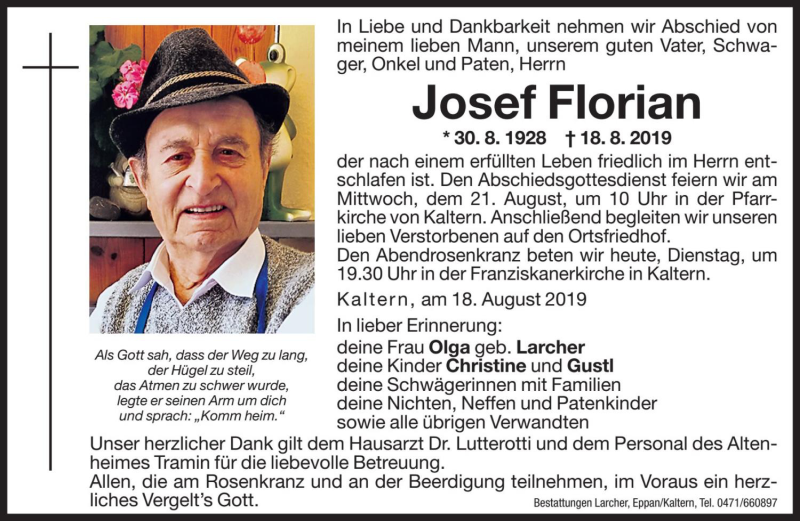  Traueranzeige für Josef Florian vom 20.08.2019 aus Dolomiten