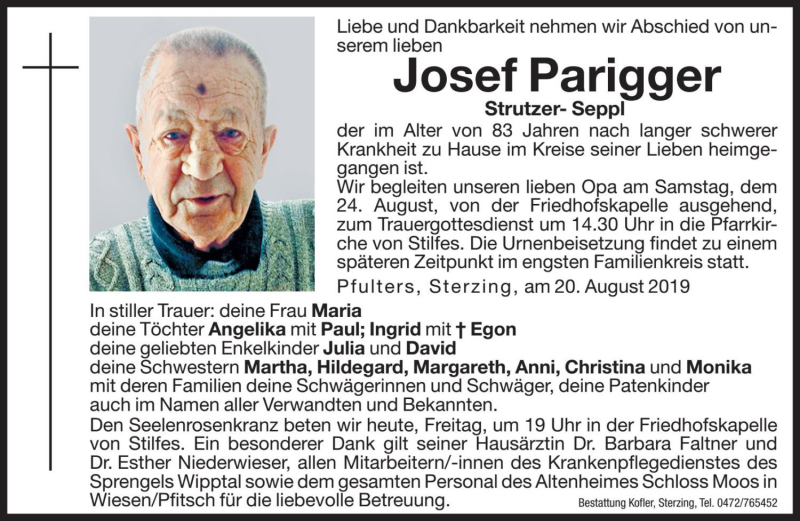  Traueranzeige für Josef Parigger  vom 23.08.2019 aus Dolomiten