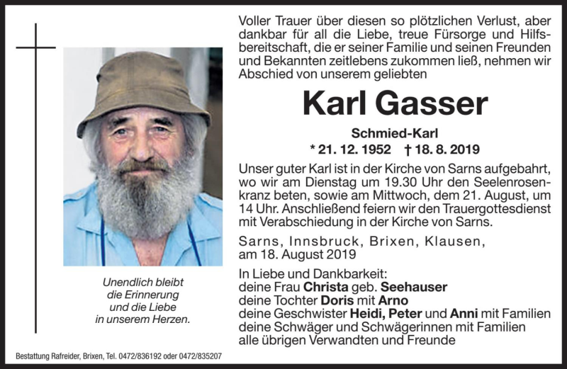  Traueranzeige für Karl Gasser vom 20.08.2019 aus Dolomiten