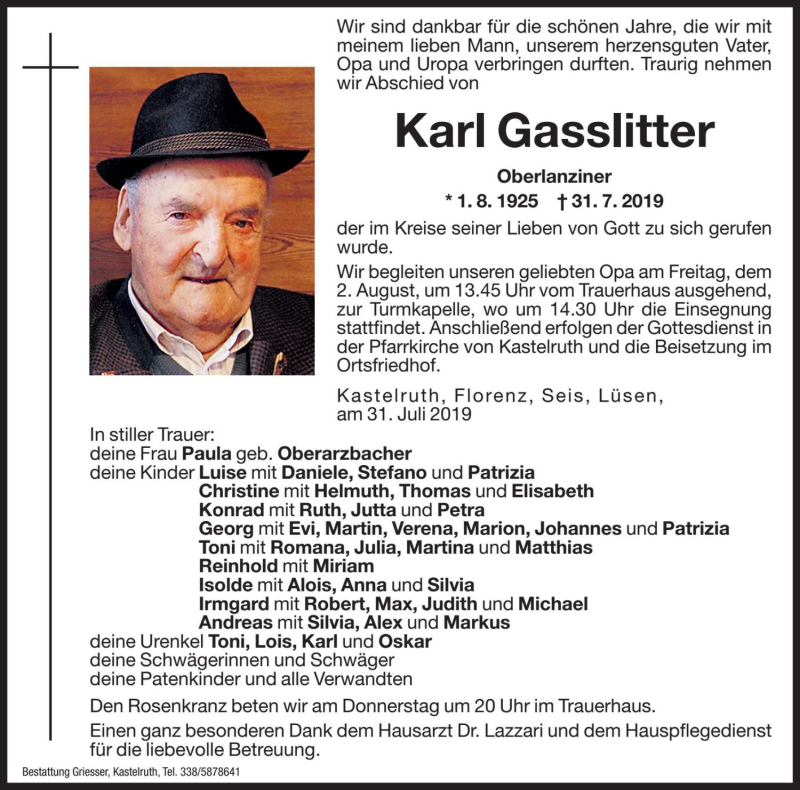  Traueranzeige für Karl Gasslitter vom 01.08.2019 aus Dolomiten