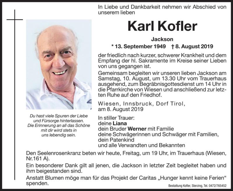  Traueranzeige für Karl Kofler vom 09.08.2019 aus Dolomiten