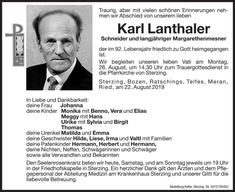  Traueranzeige für Karl Lanthaler vom 24.08.2019 aus Dolomiten