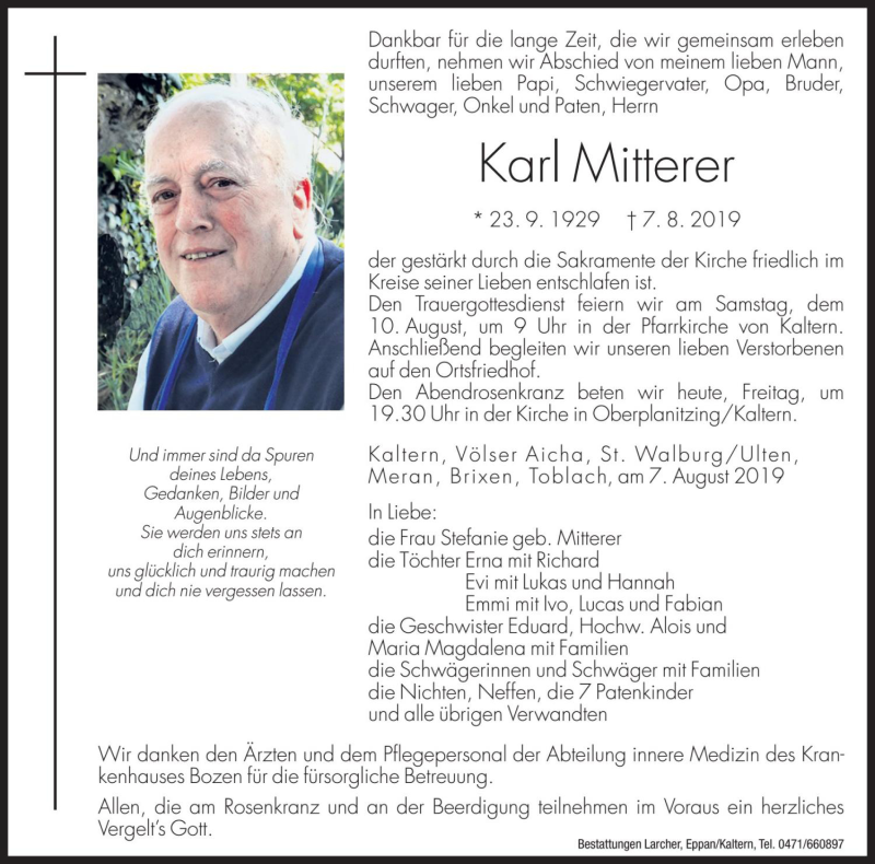  Traueranzeige für Karl Mitterer vom 09.08.2019 aus Dolomiten